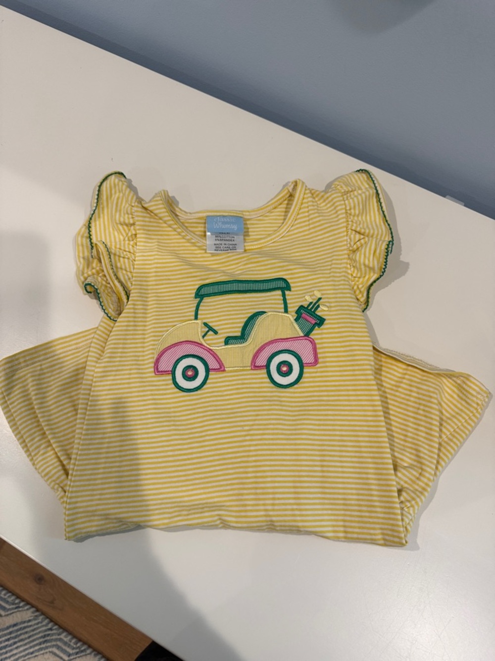 Yellow Striped Girls' Dress with Pink & Green Car Applique